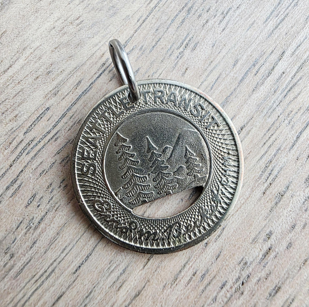 Seattle Transit Bus Token Charm, Pendant, Evergreens, Mountain Scene, Good for Child's Fare, Hang on Necklace or Bracelet, Gift Boxed, USA