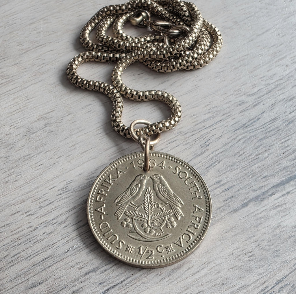 1964 Vintage Coin Necklace, South Africa 1/2 Cent, Bird Pendant, Brass Box Chain, Gift Boxed, Made in USA, Bird Lover Gift, Handmade Jewelry