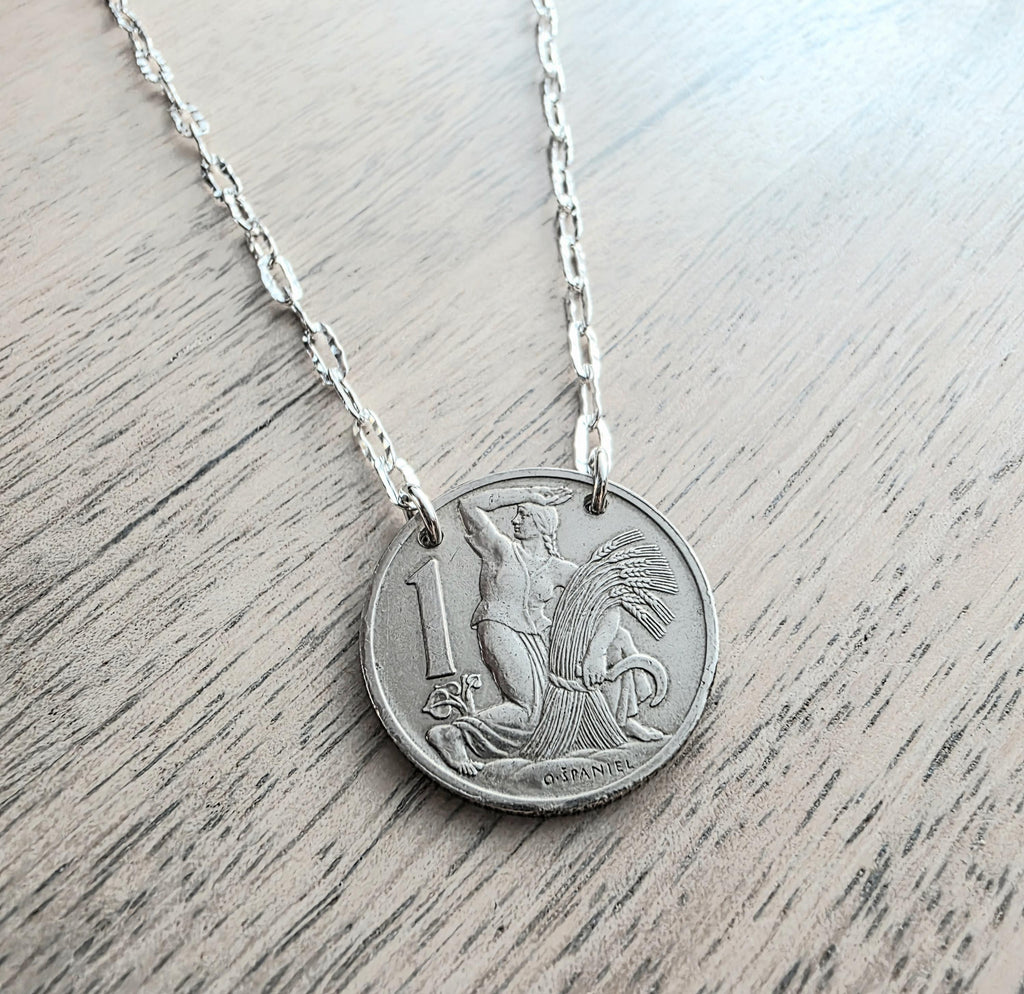 1922 Czechoslovakia 1 Koruna Antique Coin Necklace, 925 Sterling Silver Paperclip Cable Chain, Woman Farmer Gardener Jewelry, Gift Box, USA