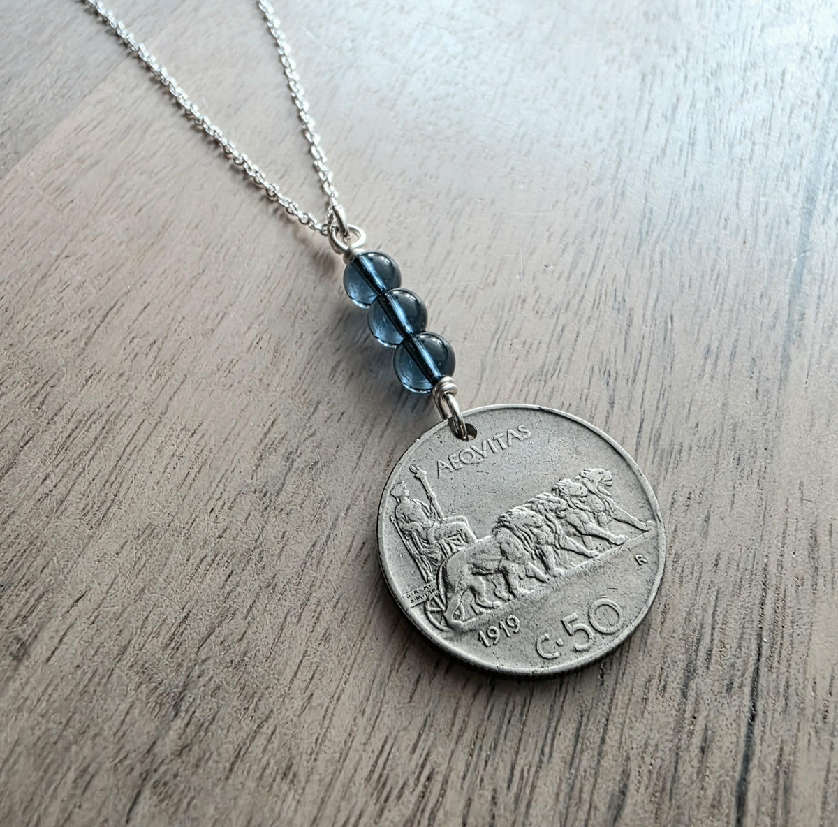 1919 Antique Italy 50 Centesimi Old Coin Necklace, Blue Austrian Crystal Bead, 925 Sterling Silver Paperclip Chain, Gift Box, Made in USA