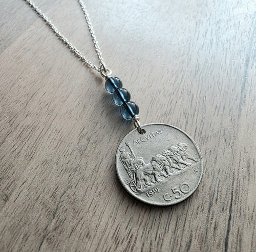 1919 Antique Italy 50 Centesimi Old Coin Necklace, Blue Austrian Crystal Bead, 925 Sterling Silver Paperclip Chain, Gift Box, Made in USA