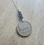 1919 Antique Italy 50 Centesimi Old Coin Necklace, Blue Austrian Crystal Bead, 925 Sterling Silver Paperclip Chain, Gift Box, Made in USA