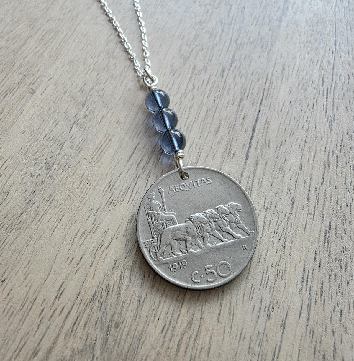 1919 Antique Italy 50 Centesimi Old Coin Necklace, Blue Austrian Crystal Bead, 925 Sterling Silver Paperclip Chain, Gift Box, Made in USA