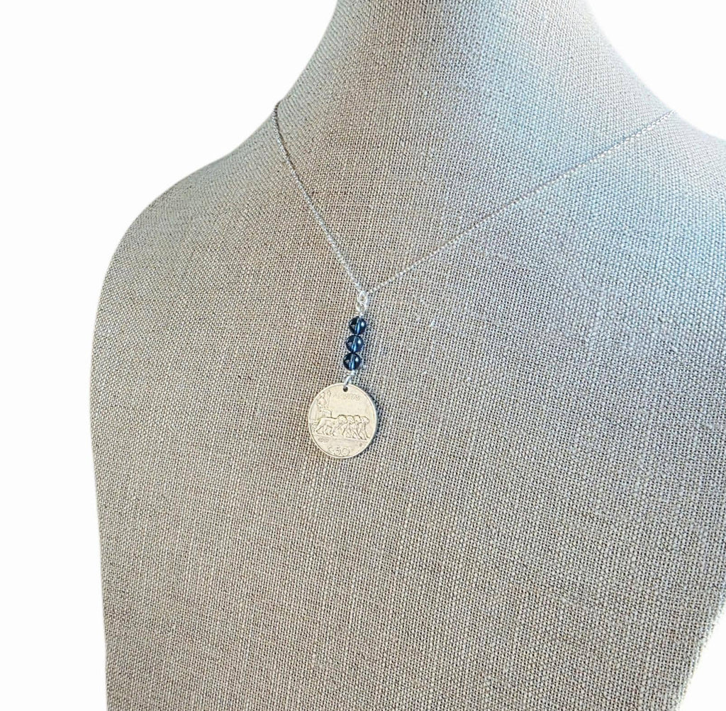 1919 Antique Italy 50 Centesimi Old Coin Necklace, Blue Austrian Crystal Bead, 925 Sterling Silver Paperclip Chain, Gift Box, Made in USA