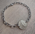 Vintage French Coin Bracelet, 1/2 Franc, Francaise Gift,  The Sower, Stainless Steel Drawn Cable Chain Links Made in USA E. Ria Designs