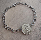 Vintage French Coin Bracelet, 1/2 Franc, Francaise Gift,  The Sower, Stainless Steel Drawn Cable Chain Links Made in USA E. Ria Designs