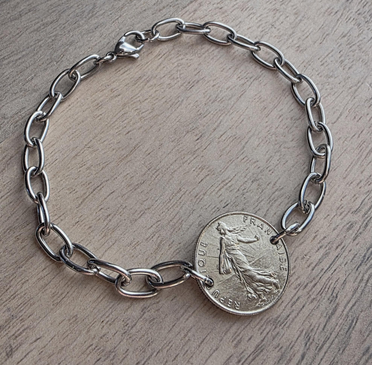 Vintage French Coin Bracelet, 1/2 Franc, Francaise Gift,  The Sower, Stainless Steel Drawn Cable Chain Links Made in USA E. Ria Designs
