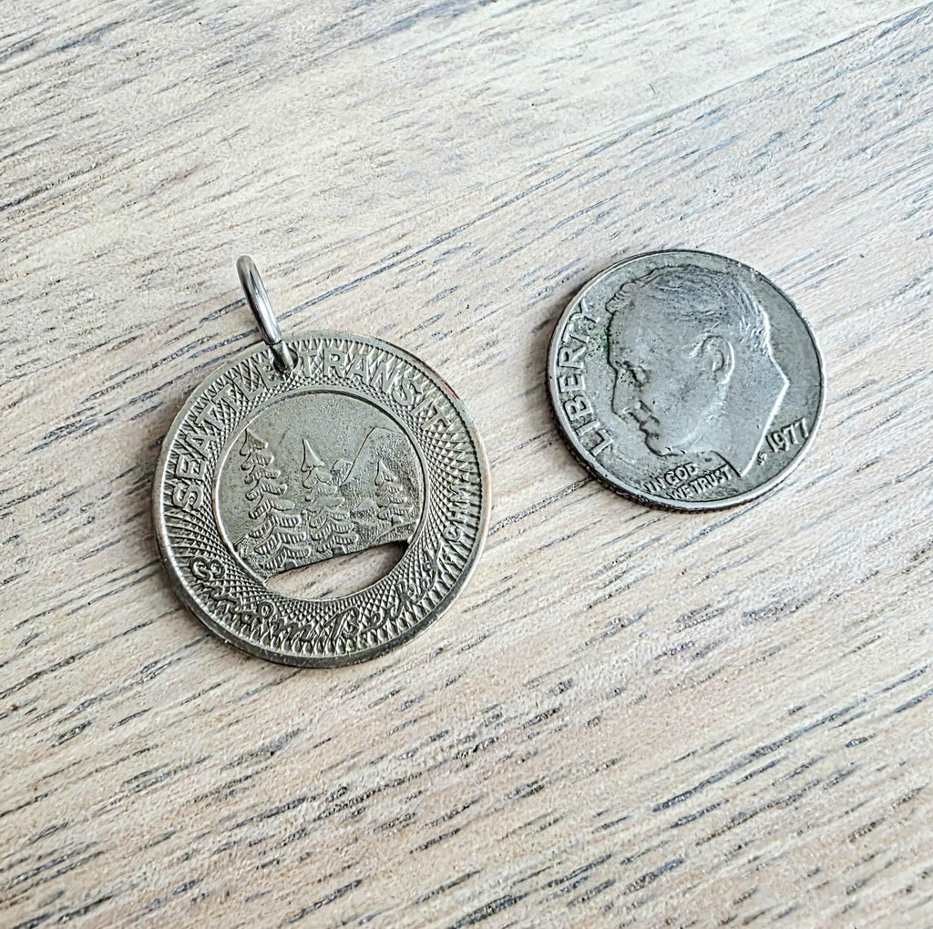 Seattle Transit Bus Token Charm, Pendant, Evergreens, Mountain Scene, Good for Child's Fare, Hang on Necklace or Bracelet, Gift Boxed, USA