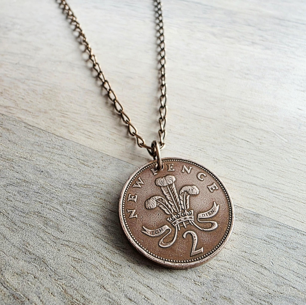 1971 Vintage British New Pence Coin Necklace, Great Britain, England, Queen Elizabeth II, Brass Curb Chain Gift Boxed Jewelry, Made in USA