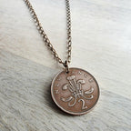 1971 Vintage British New Pence Coin Necklace, Great Britain, England, Queen Elizabeth II, Brass Curb Chain Gift Boxed Jewelry, Made in USA