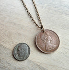 1971 Vintage British New Pence Coin Necklace, Great Britain, England, Queen Elizabeth II, Brass Curb Chain Gift Boxed Jewelry, Made in USA