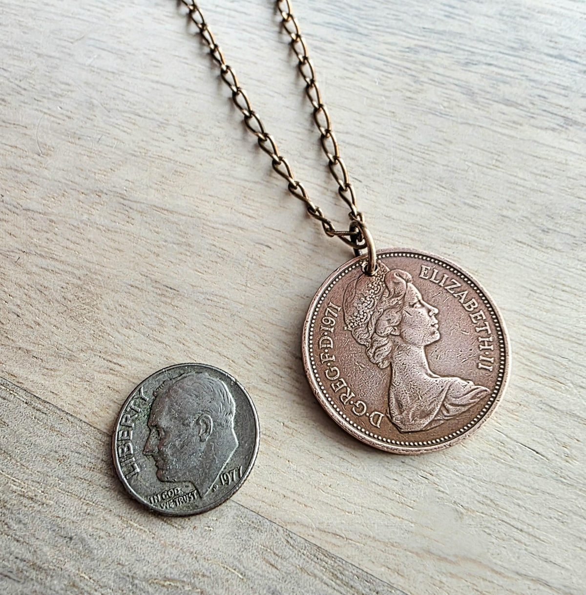 1971 Vintage British New Pence Coin Necklace, Great Britain, England, Queen Elizabeth II, Brass Curb Chain Gift Boxed Jewelry, Made in USA
