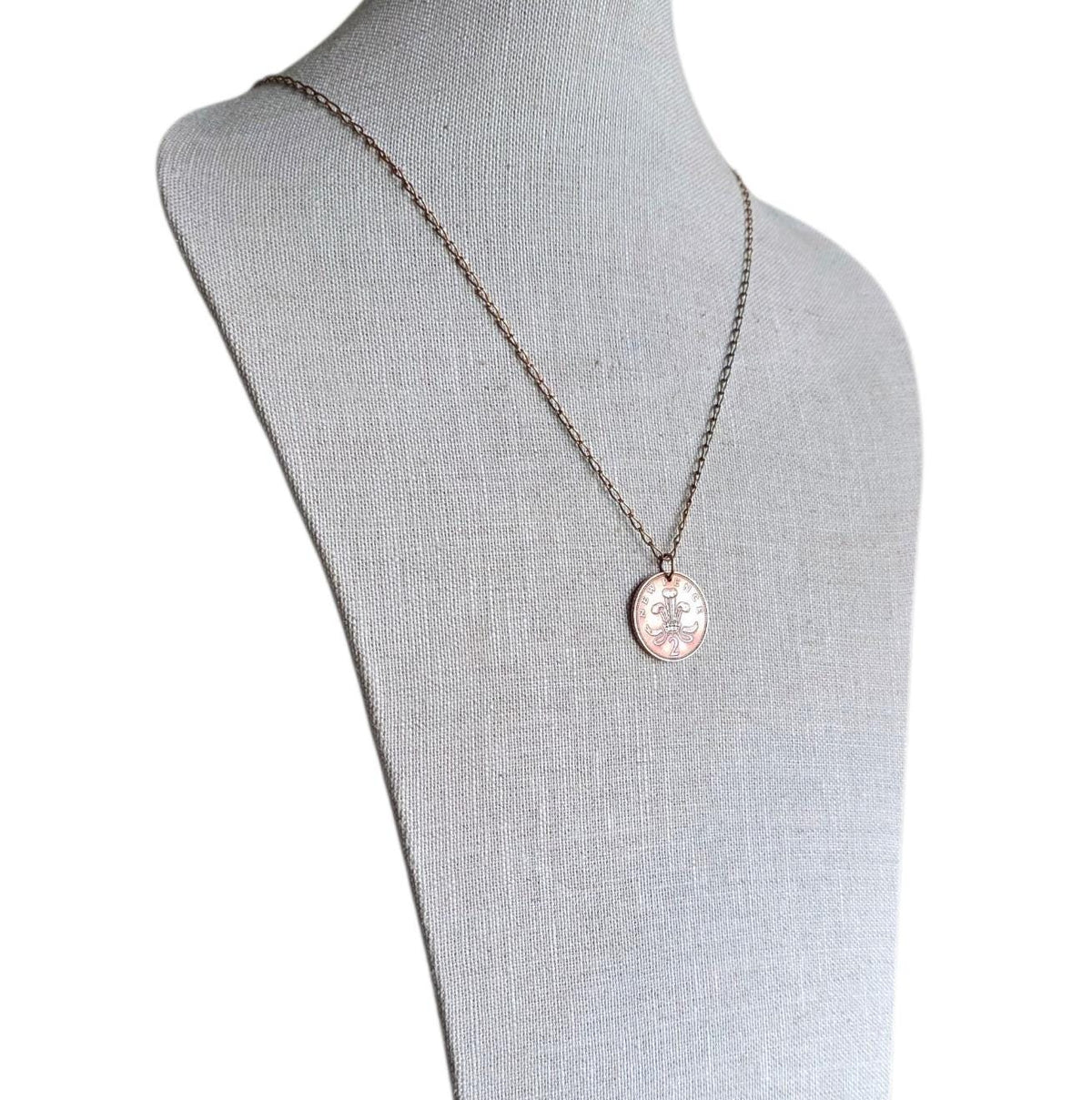 1971 Vintage British New Pence Coin Necklace, Great Britain, England, Queen Elizabeth II, Brass Curb Chain Gift Boxed Jewelry, Made in USA