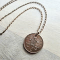 1971 Vintage British New Pence Coin Necklace, Great Britain, England, Queen Elizabeth II, Brass Curb Chain Gift Boxed Jewelry, Made in USA