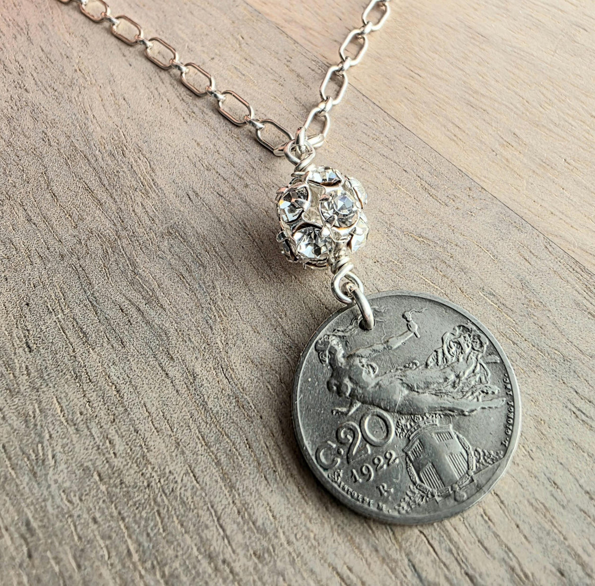 1922 Vintage Italy Coin Necklace, Rhinestone Ball, .925 Sterling Silver Chain, Gift Box, Artisan Handmade in USA, 20 Centesimi