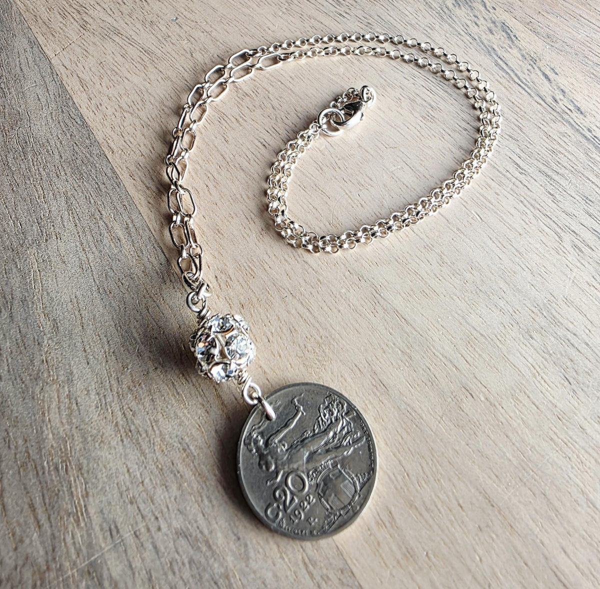 1922 Vintage Italy Coin Necklace, Rhinestone Ball, .925 Sterling Silver Chain, Gift Box, Artisan Handmade in USA, 20 Centesimi
