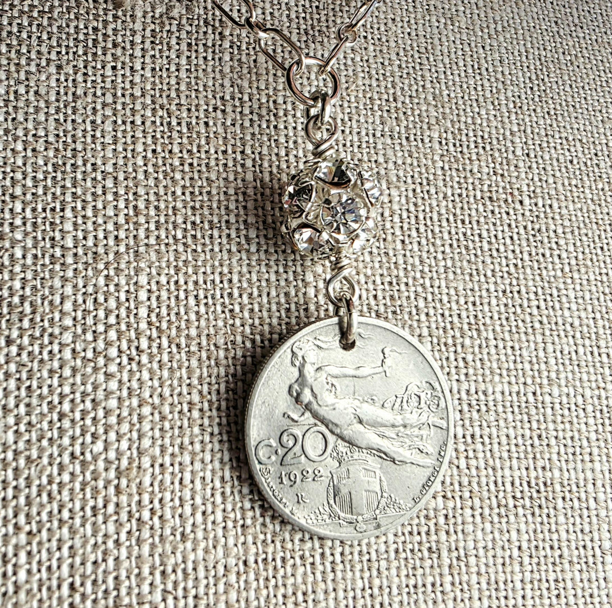 1922 Vintage Italy Coin Necklace, Rhinestone Ball, .925 Sterling Silver Chain, Gift Box, Artisan Handmade in USA, 20 Centesimi
