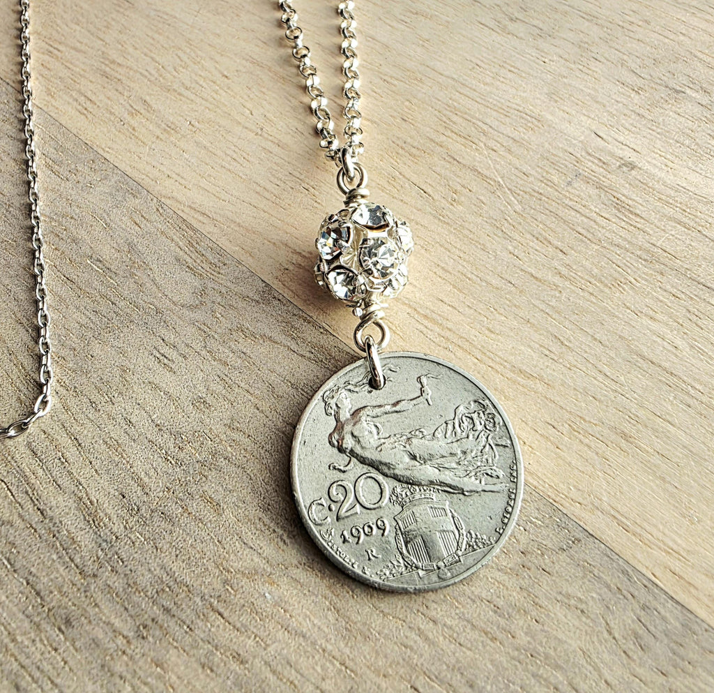 1909 Antique Italy Coin Necklace, Rhinestone Ball, .925 Sterling Silver Cable + Rolo Chain, Gift Box, Artisan Handmade in USA, 20 Centesimi