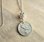 1909 Antique Italy Coin Necklace, Rhinestone Ball, .925 Sterling Silver Cable + Rolo Chain, Gift Box, Artisan Handmade in USA, 20 Centesimi