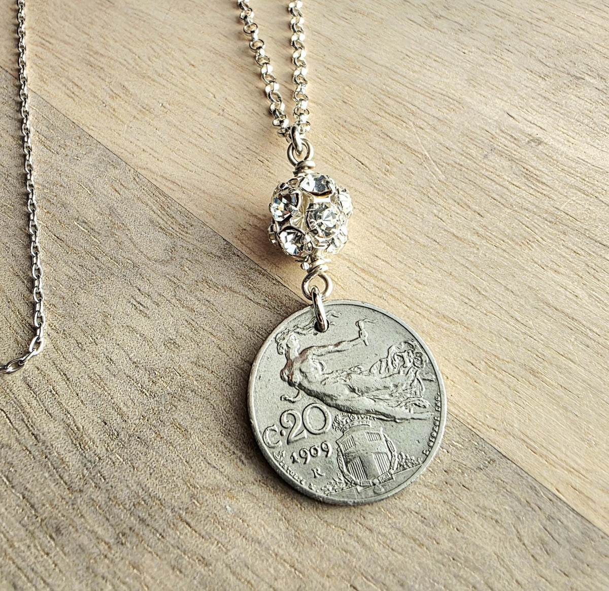 1909 Antique Italy Coin Necklace, Rhinestone Ball, .925 Sterling Silver Cable + Rolo Chain, Gift Box, Artisan Handmade in USA, 20 Centesimi