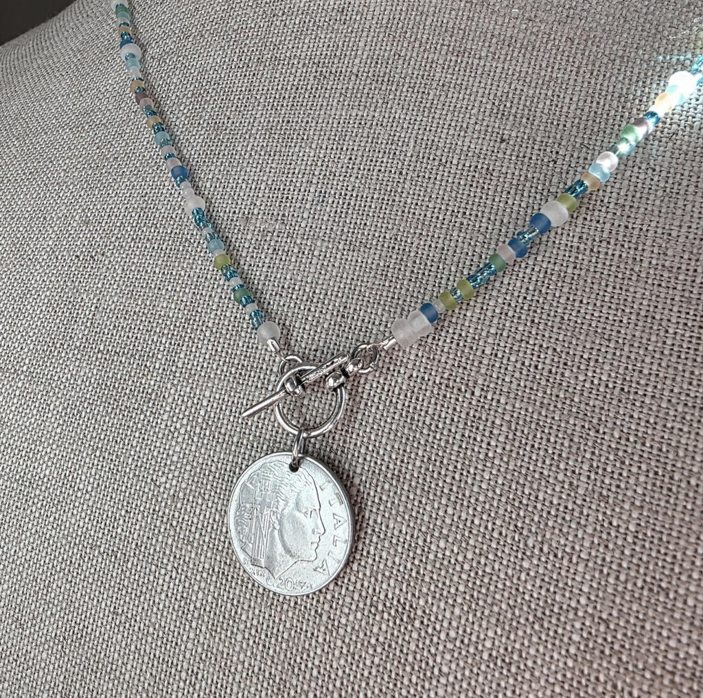 Sea Glass Style Beaded Coin Necklace, Italy Genuine Coin 20 Centesimi, Pewter Toggle, Beach Necklace Gift Box Handcrafted USA E. Ria Designs