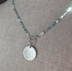 Sea Glass Style Beaded Coin Necklace, Italy Genuine Coin 20 Centesimi, Pewter Toggle, Beach Necklace Gift Box Handcrafted USA E. Ria Designs