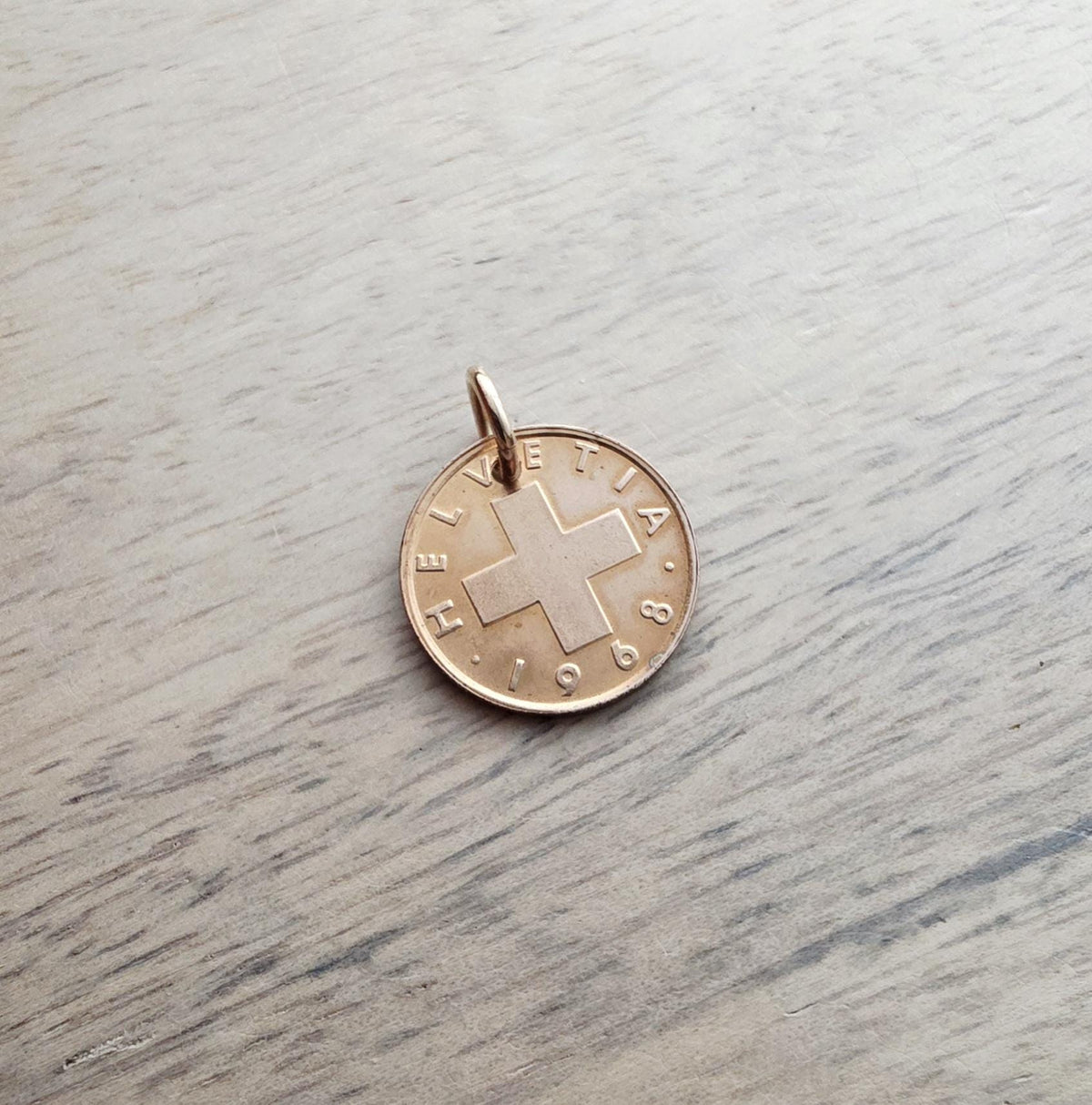 1 Rappen Helvetia Switzerland Swiss Cross Coin, Vintage 1968, Charm or Pendant for Bracelet or Necklace, Gift Boxed, Handcrafted in USA