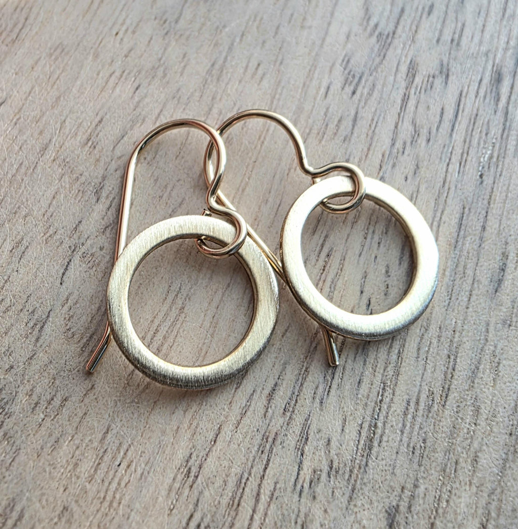 14K Gold Filled, Brushed Little Gold Hoop Earrings, Hand Crafted Artisan Earrings, French Ear Wires, Made in USA by E. Ria Designs, Gift Box