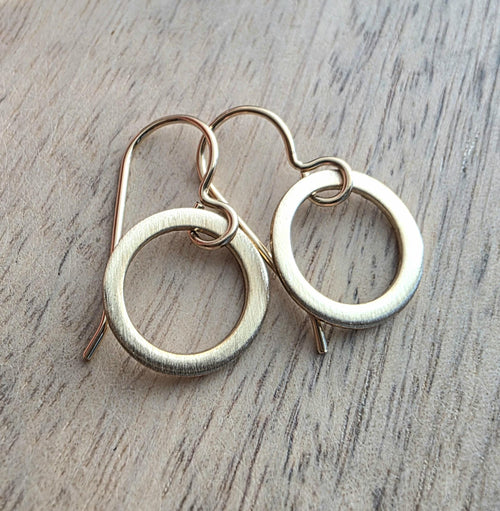 14K Gold Filled, Brushed Little Gold Hoop Earrings, Hand Crafted Artisan Earrings, French Ear Wires, Made in USA by E. Ria Designs, Gift Box