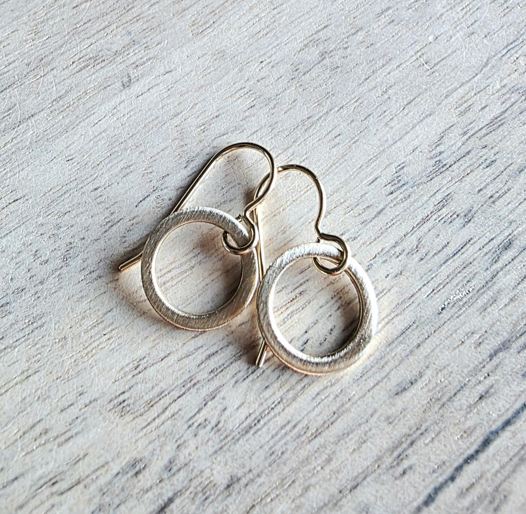 14K Gold Filled, Brushed Little Gold Hoop Earrings, Hand Crafted Artisan Earrings, French Ear Wires, Made in USA by E. Ria Designs, Gift Box