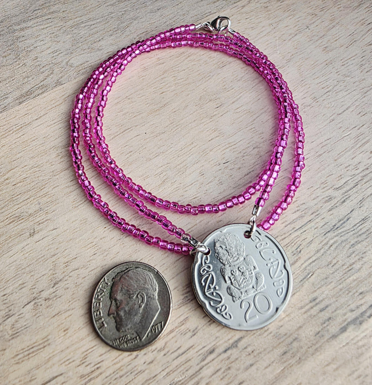 Fuchsia Glass Seed Bead Coin Necklace, 2006 New Zealand 20 Cent Coin Jewelry, Māori Carving of Pukaki, Gift Boxed, Artisan Handmade in USA