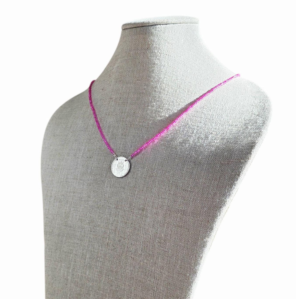 Fuchsia Glass Seed Bead Coin Necklace, 2006 New Zealand 20 Cent Coin Jewelry, Māori Carving of Pukaki, Gift Boxed, Artisan Handmade in USA