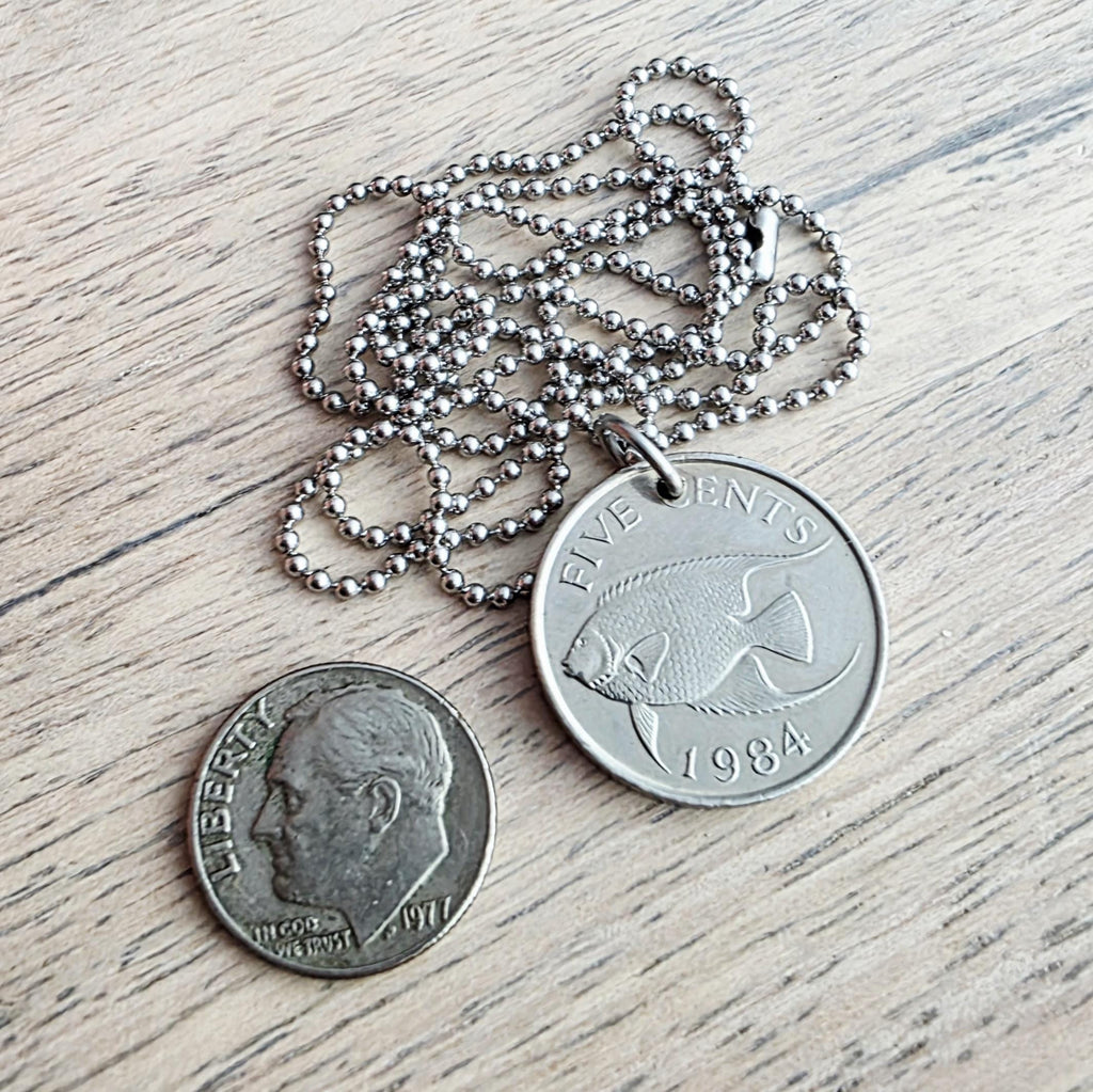 1984 Vintage Bermuda Fish Coin Necklace, Stainless Steel Ball Chain, Gift Boxed, Birthday or Anniversary Gift, Made in USA, ERiaDesigns