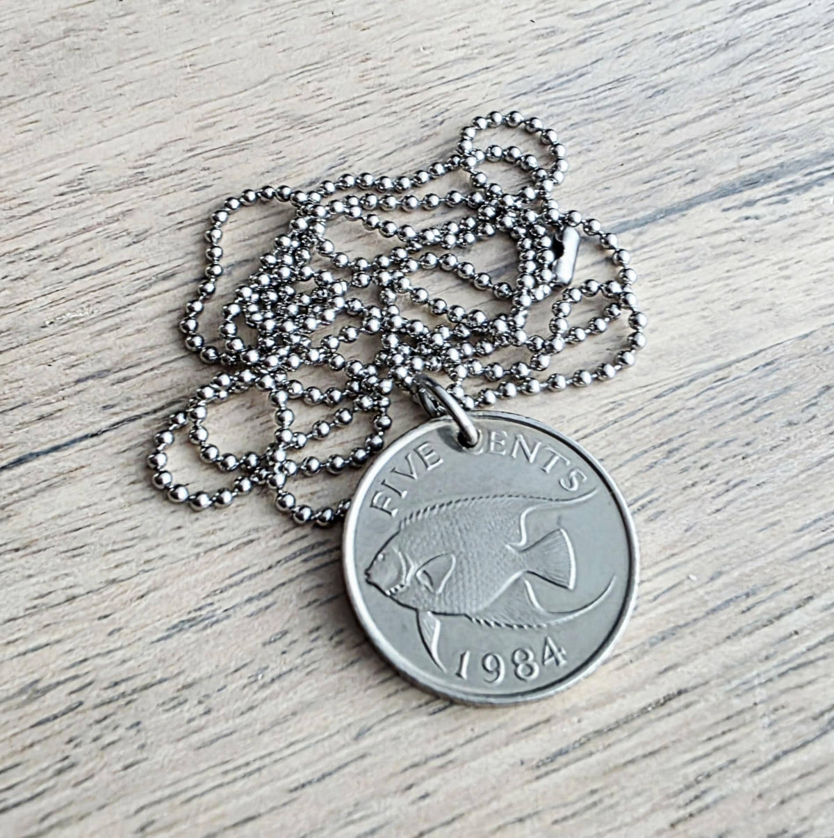 1984 Vintage Bermuda Fish Coin Necklace, Stainless Steel Ball Chain, Gift Boxed, Birthday or Anniversary Gift, Made in USA, ERiaDesigns