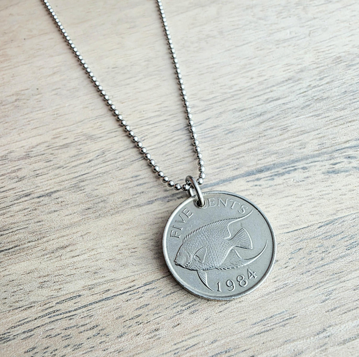 1984 Vintage Bermuda Fish Coin Necklace, Stainless Steel Ball Chain, Gift Boxed, Birthday or Anniversary Gift, Made in USA, ERiaDesigns