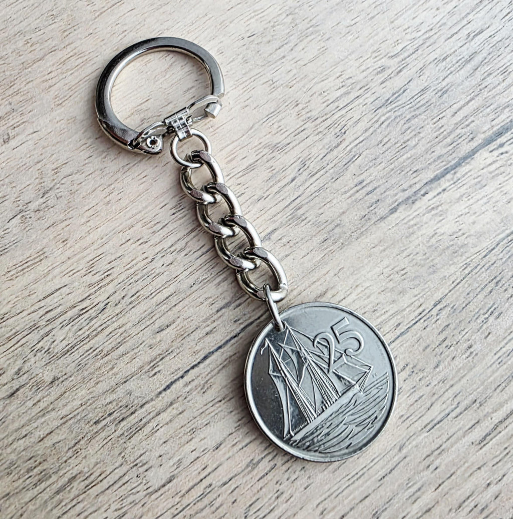 1996 Cayman Islands Coin Keychain, 25 Cent, Schooner Ship, Maritime Gift, Birthday Gift, Gift Boxed, Handcrafted in USA by E. Ria Designs