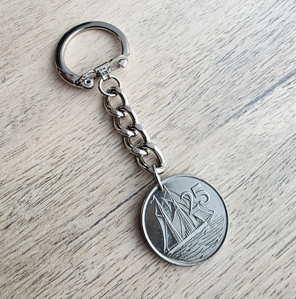 1996 Cayman Islands Coin Keychain, 25 Cent, Schooner Ship, Maritime Gift, Birthday Gift, Gift Boxed, Handcrafted in USA by E. Ria Designs