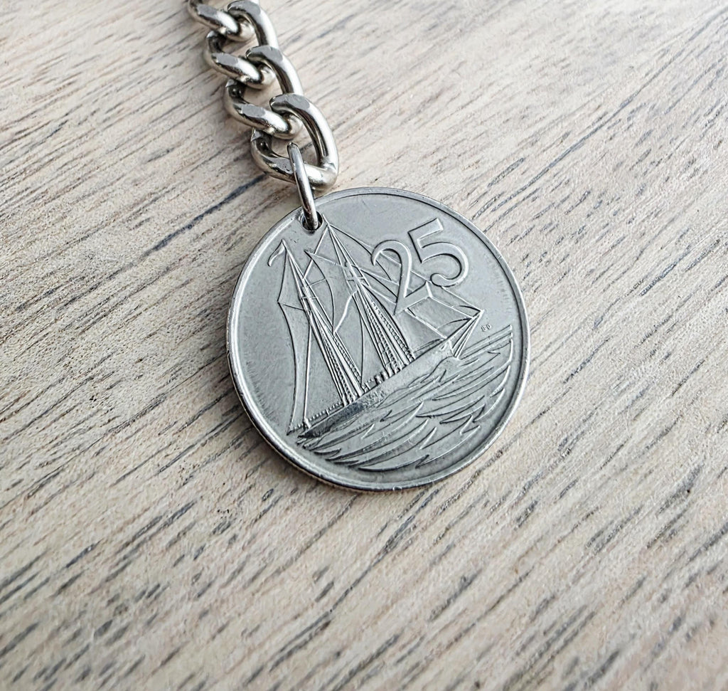 1996 Cayman Islands Coin Keychain, 25 Cent, Schooner Ship, Maritime Gift, Birthday Gift, Gift Boxed, Handcrafted in USA by E. Ria Designs