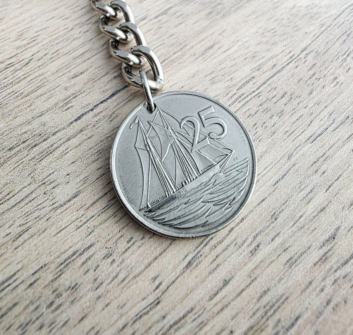 1996 Cayman Islands Coin Keychain, 25 Cent, Schooner Ship, Maritime Gift, Birthday Gift, Gift Boxed, Handcrafted in USA by E. Ria Designs