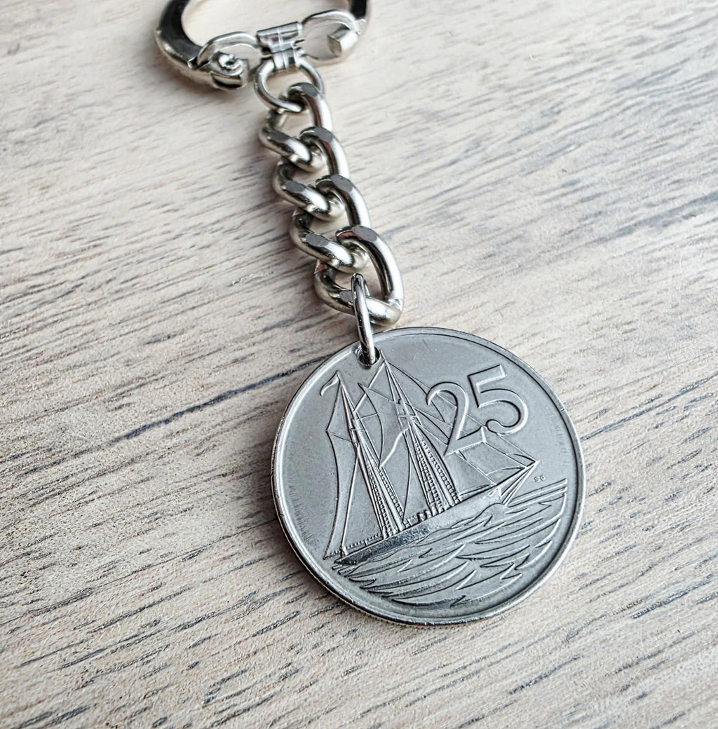 1996 Cayman Islands Coin Keychain, 25 Cent, Schooner Ship, Maritime Gift, Birthday Gift, Gift Boxed, Handcrafted in USA by E. Ria Designs