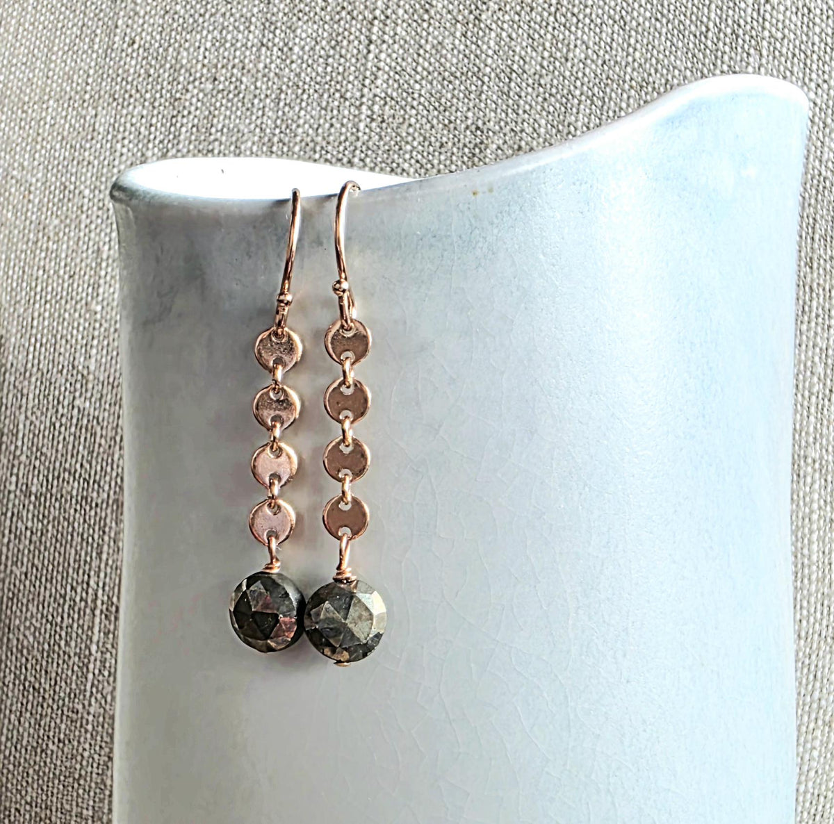 14K Rose Gold Filled Circle Chain Drop Earrings, Faceted Round Pyrite Beads, Gift Boxed, Made in USA, Handcrafted by E. Ria Designs