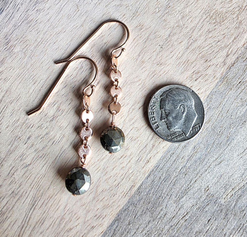 14K Rose Gold Filled Circle Chain Drop Earrings, Faceted Round Pyrite Beads, Gift Boxed, Made in USA, Handcrafted by E. Ria Designs