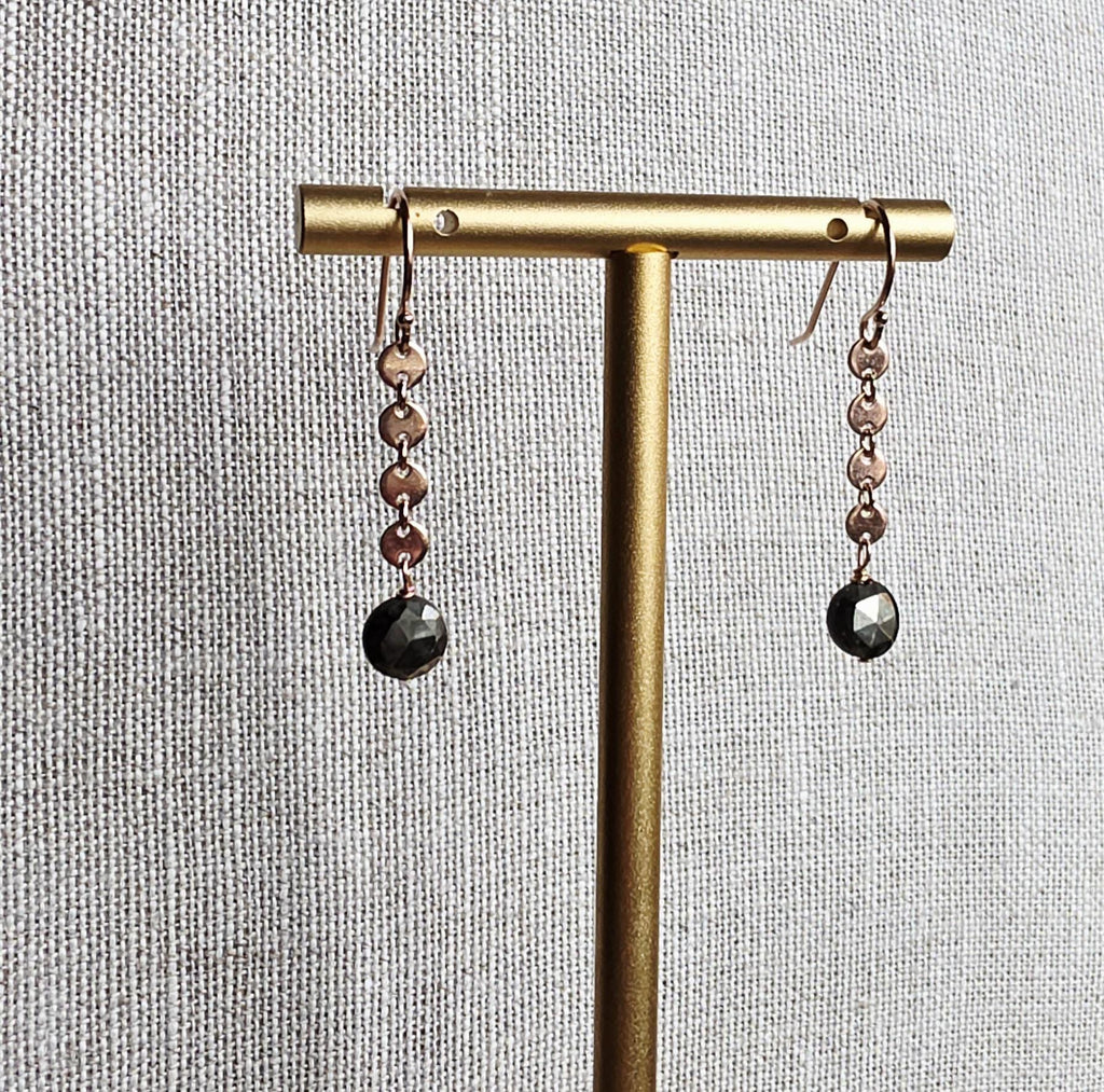 14K Rose Gold Filled Circle Chain Drop Earrings, Faceted Round Pyrite Beads, Gift Boxed, Made in USA, Handcrafted by E. Ria Designs