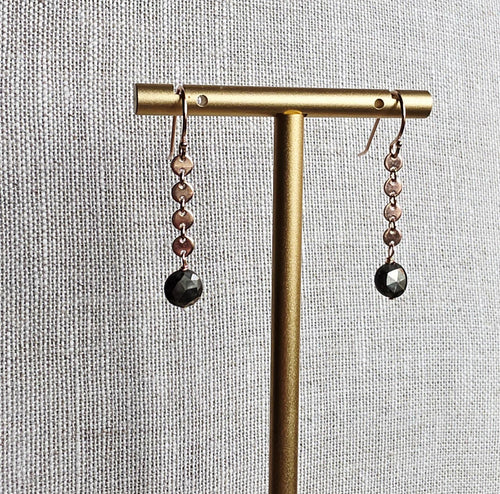 14K Rose Gold Filled Circle Chain Drop Earrings, Faceted Round Pyrite Beads, Gift Boxed, Made in USA, Handcrafted by E. Ria Designs