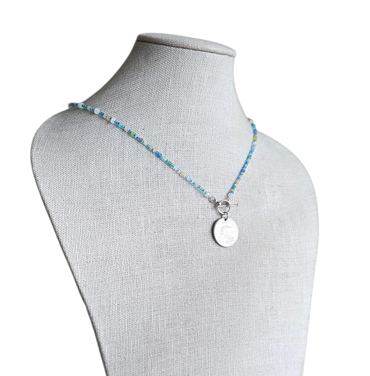 Sea Glass Style Beaded 20" Necklace, French 1 Franc Genuine Coin, Pewter Toggle, Beachy Necklace, Gift Box, Handcrafted USA E. Ria Designs
