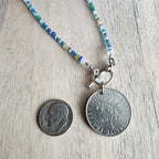 Sea Glass Style Beaded 20" Necklace, French 1 Franc Genuine Coin, Pewter Toggle, Beachy Necklace, Gift Box, Handcrafted USA E. Ria Designs