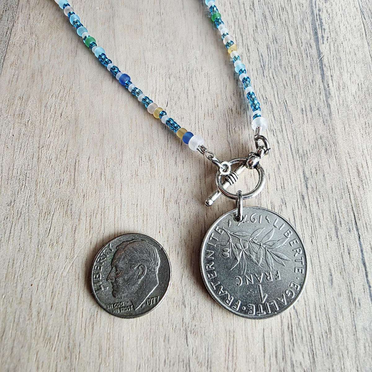 Sea Glass Style Beaded 20" Necklace, French 1 Franc Genuine Coin, Pewter Toggle, Beachy Necklace, Gift Box, Handcrafted USA E. Ria Designs
