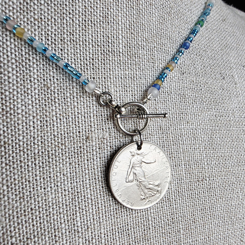 Sea Glass Style Beaded 20" Necklace, French 1 Franc Genuine Coin, Pewter Toggle, Beachy Necklace, Gift Box, Handcrafted USA E. Ria Designs