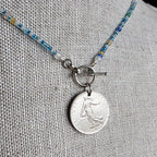 Sea Glass Style Beaded 20" Necklace, French 1 Franc Genuine Coin, Pewter Toggle, Beachy Necklace, Gift Box, Handcrafted USA E. Ria Designs