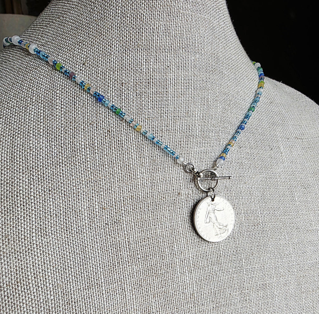 Sea Glass Style Beaded 20" Necklace, French 1 Franc Genuine Coin, Pewter Toggle, Beachy Necklace, Gift Box, Handcrafted USA E. Ria Designs